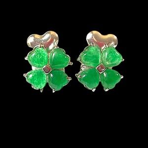 Deep Green Jade Clover Sterling Silver Pierced Vintage Earrings